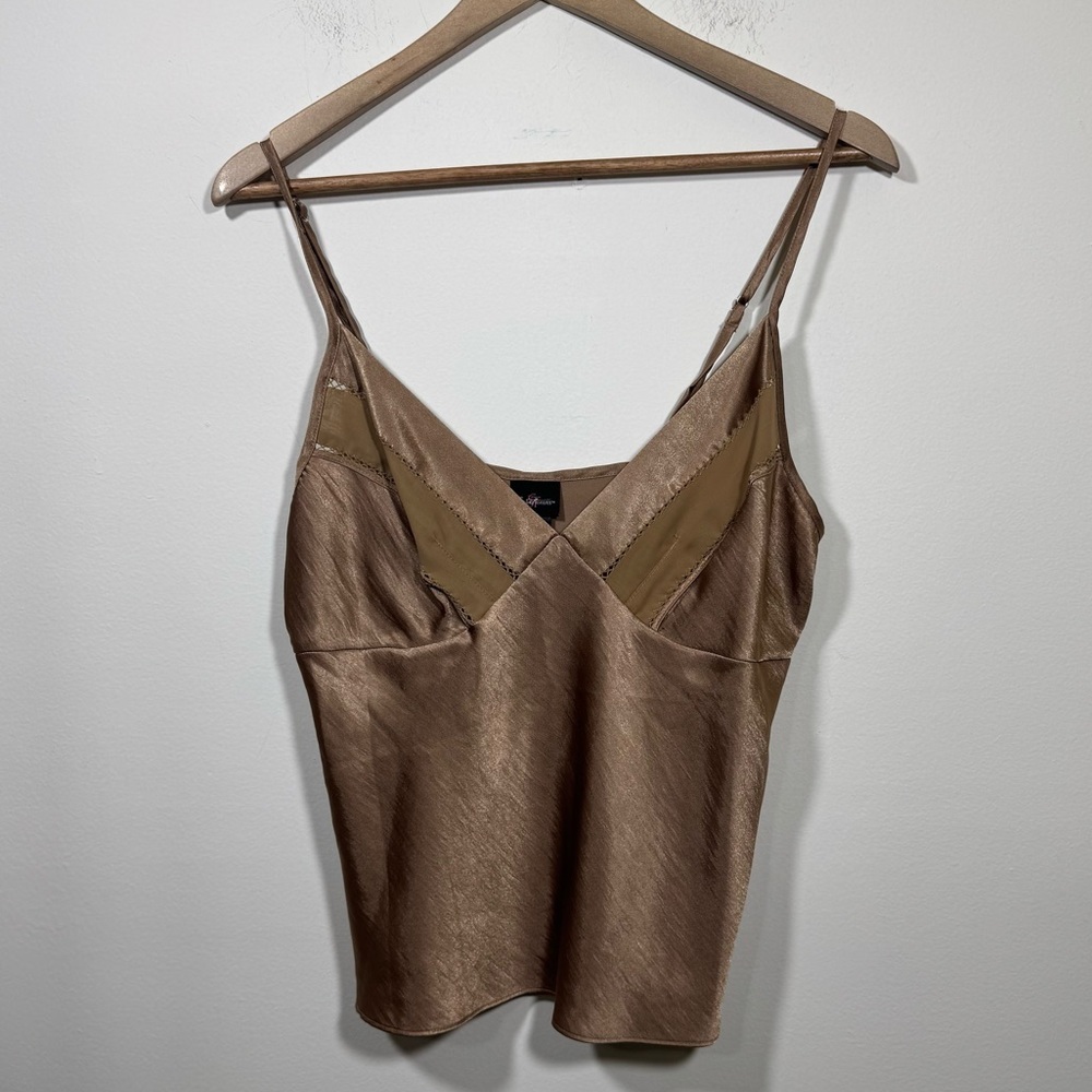 Secret Treasures Womens L Satin Slip Top Y2K Babydoll Tank  Brown Eyelet Cutouts